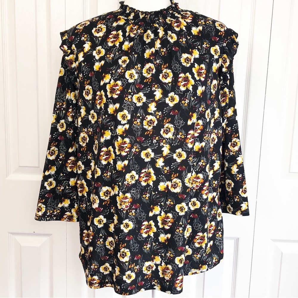 Adrienne Vittadini Black Floral Print Smocked Ruffle 3/4 Sleeve Top XL